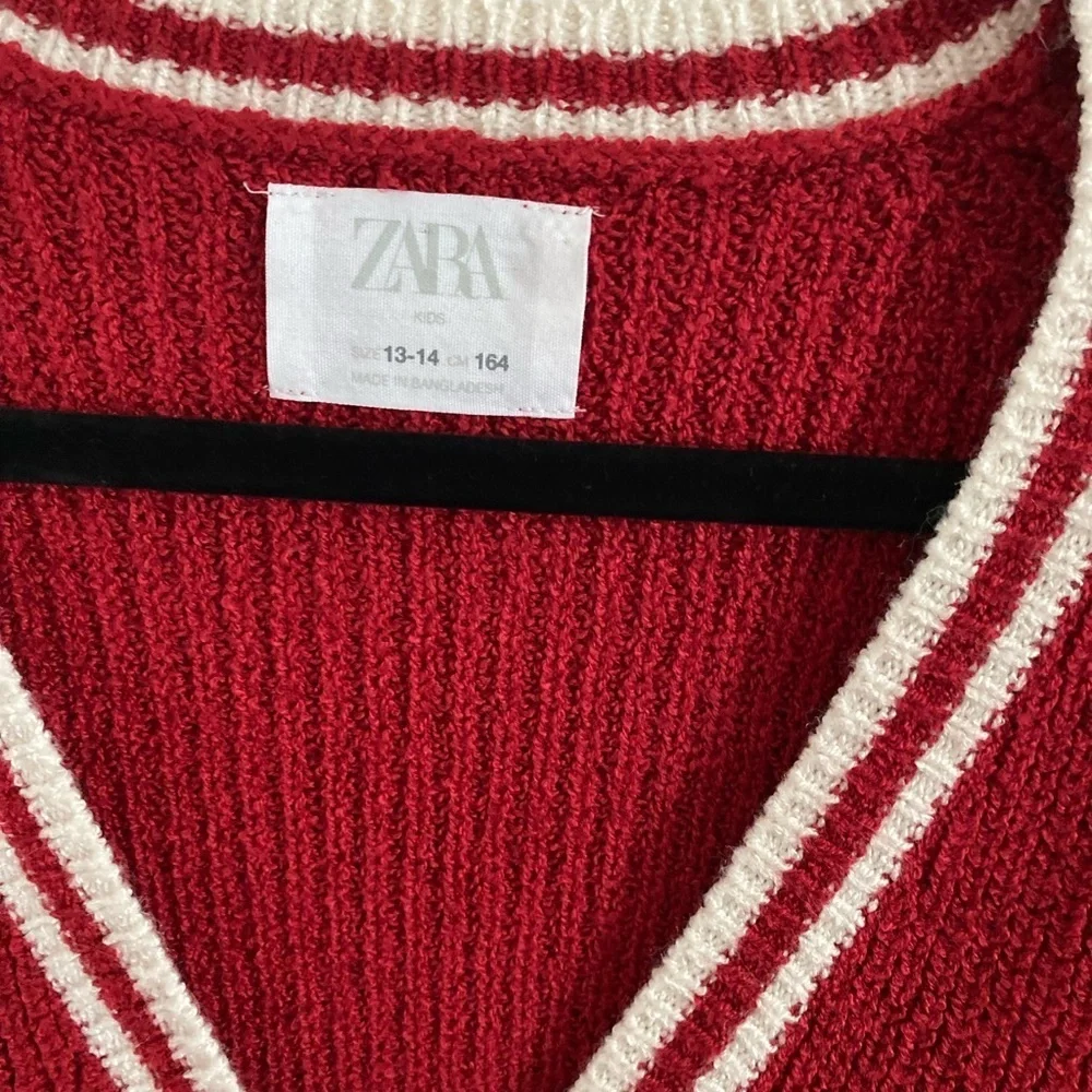 Zara Kids Blazer Cardigan Red w/ White Stripes V-neck Buttons Size 13-14/164 - Picture 2 of 5